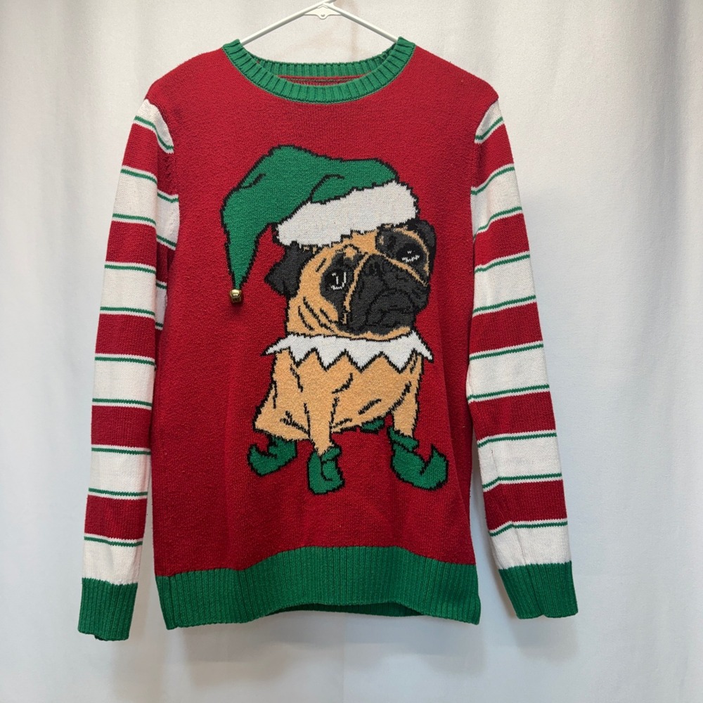 Ugly Christmas Sweater Pug Elf Dog Red Green Small Striped Jingle Bell
